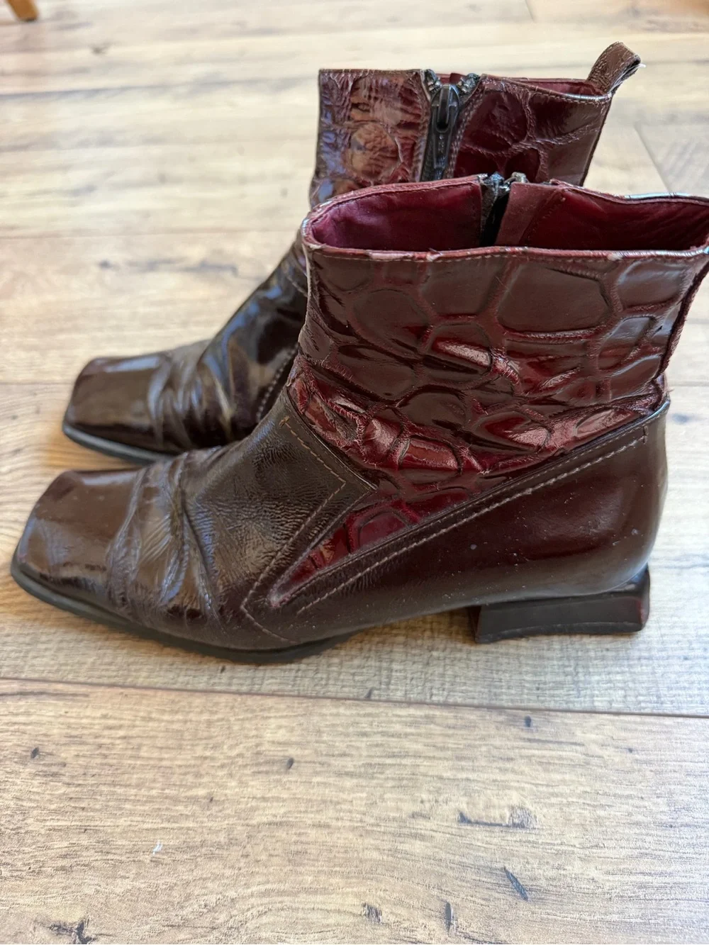 Vintage 90s Italian Patent Leather Shearling Boots Geometric Heel Vibram fits 7